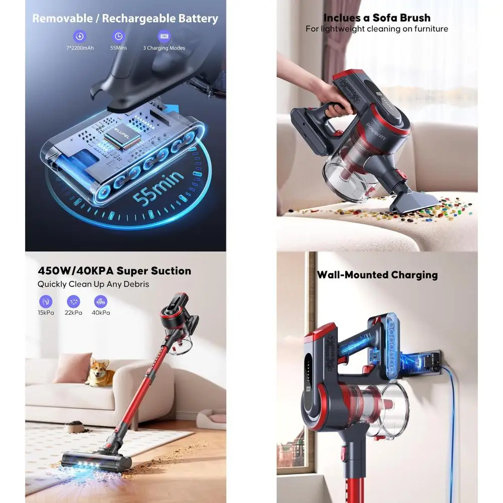 

Беспроводной вертикальный пылесос 450 Вт, 40 кПа, 55 минут работы, LED-дисплей, защита от запутывания волос, для дома, шерсти животных, ковров, полов