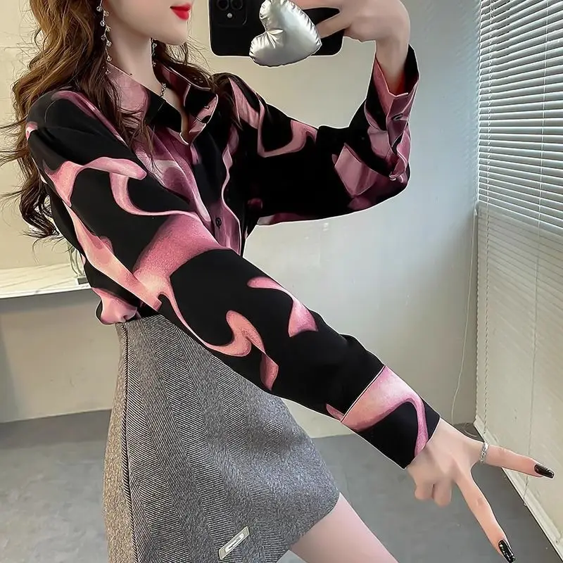 Fashion Ventilate Chic Spring Blouses Women's Spliced Polo-Neck Tie Dye Contrast Color Loose Single-breasted Long Sleeve Shirts