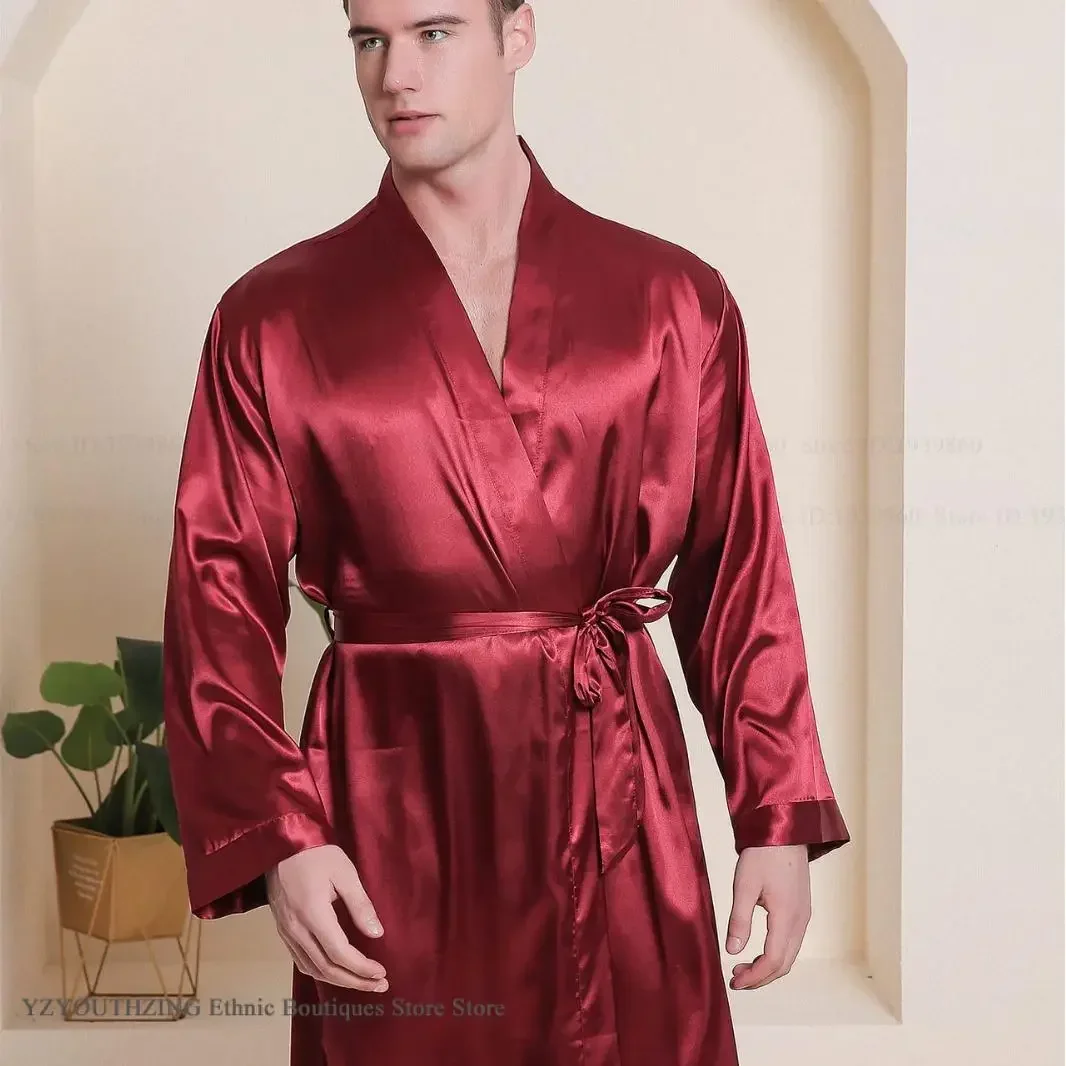 Silky Burgundy Satin Bathrobe Robe Shorts Set Kimono Gown Loose Casual Home Clothes Spring Autumn Male 2Pcs Loungewear Sleepwear