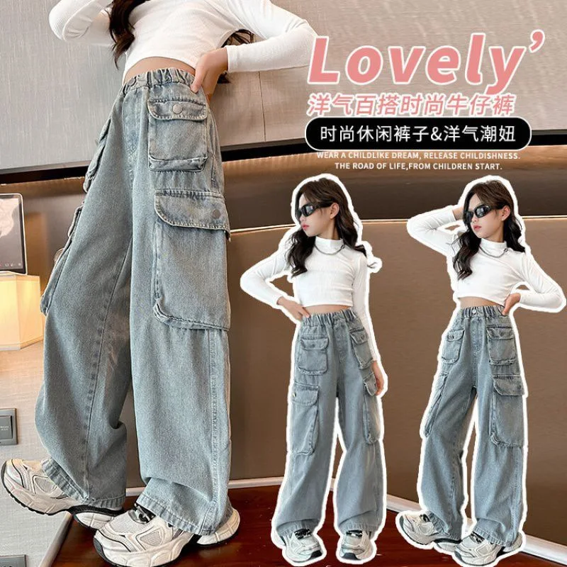 

Big Girls' Denim Pants, New Style Denim Overalls, Suitable for Autumn, Designed for Ages 7-14