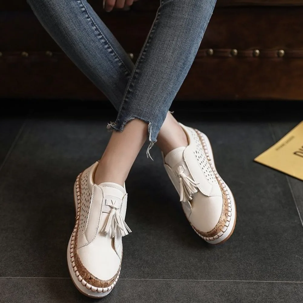 2026 Large Size Women's Shoes Round Toe Elastic Hollow Out Flat Bottom Slip-On Casual Tassel Loafers Breathable Canvas Shoes
