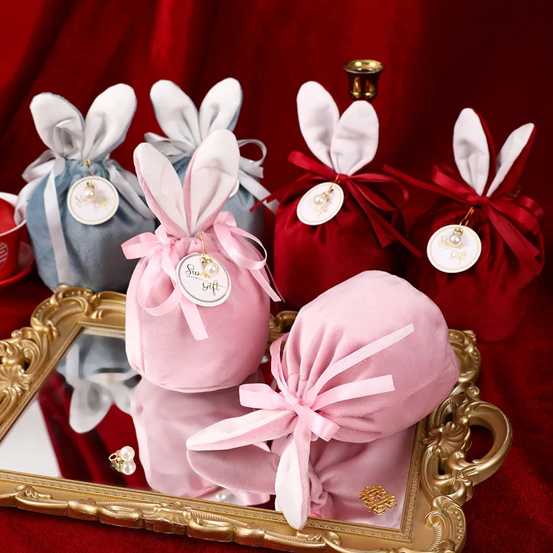 1PC Easter Velvet Sachet Bags Easter Bunny Bags Rabbit Ear Gift Bags With Pearl String Eggs Party Packaging Easter Decor Bags