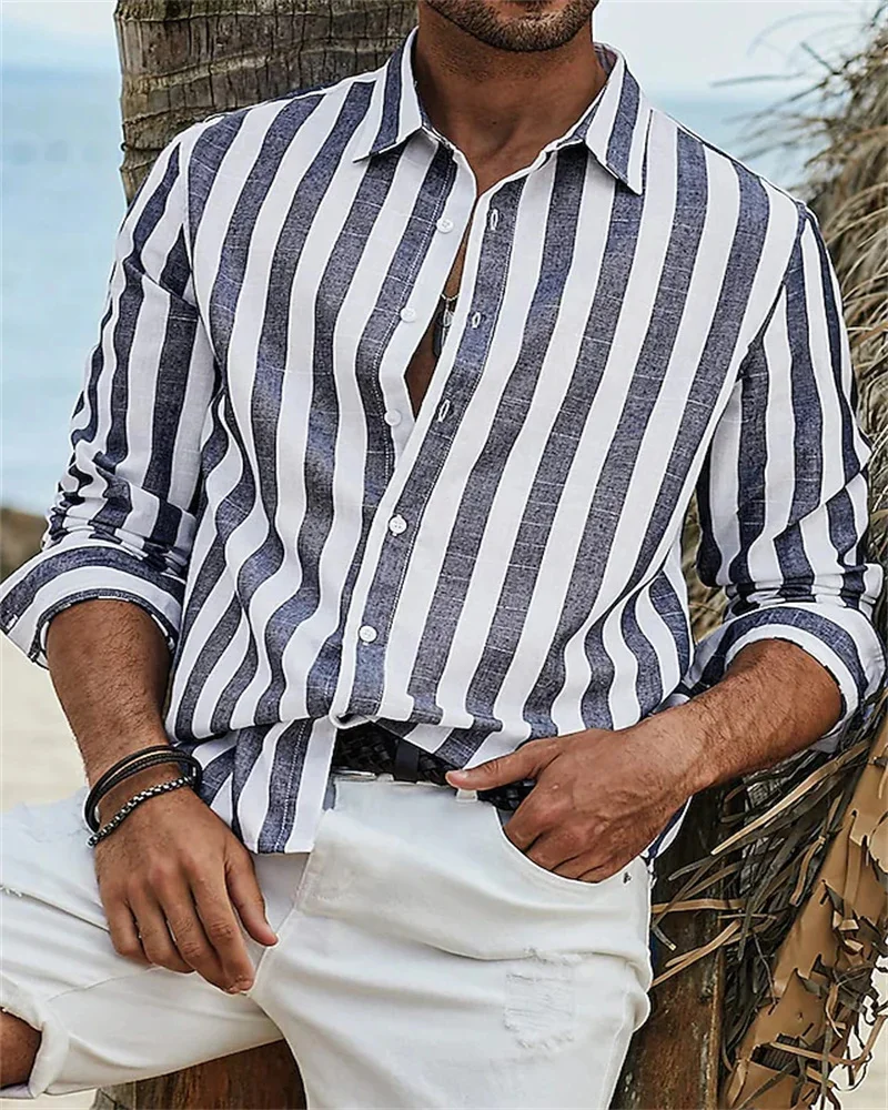 Camisa hawaiana de manga larga para hombre, camisa con estampado a rayas Retro, informal y elegante, a la moda, XS-6XL