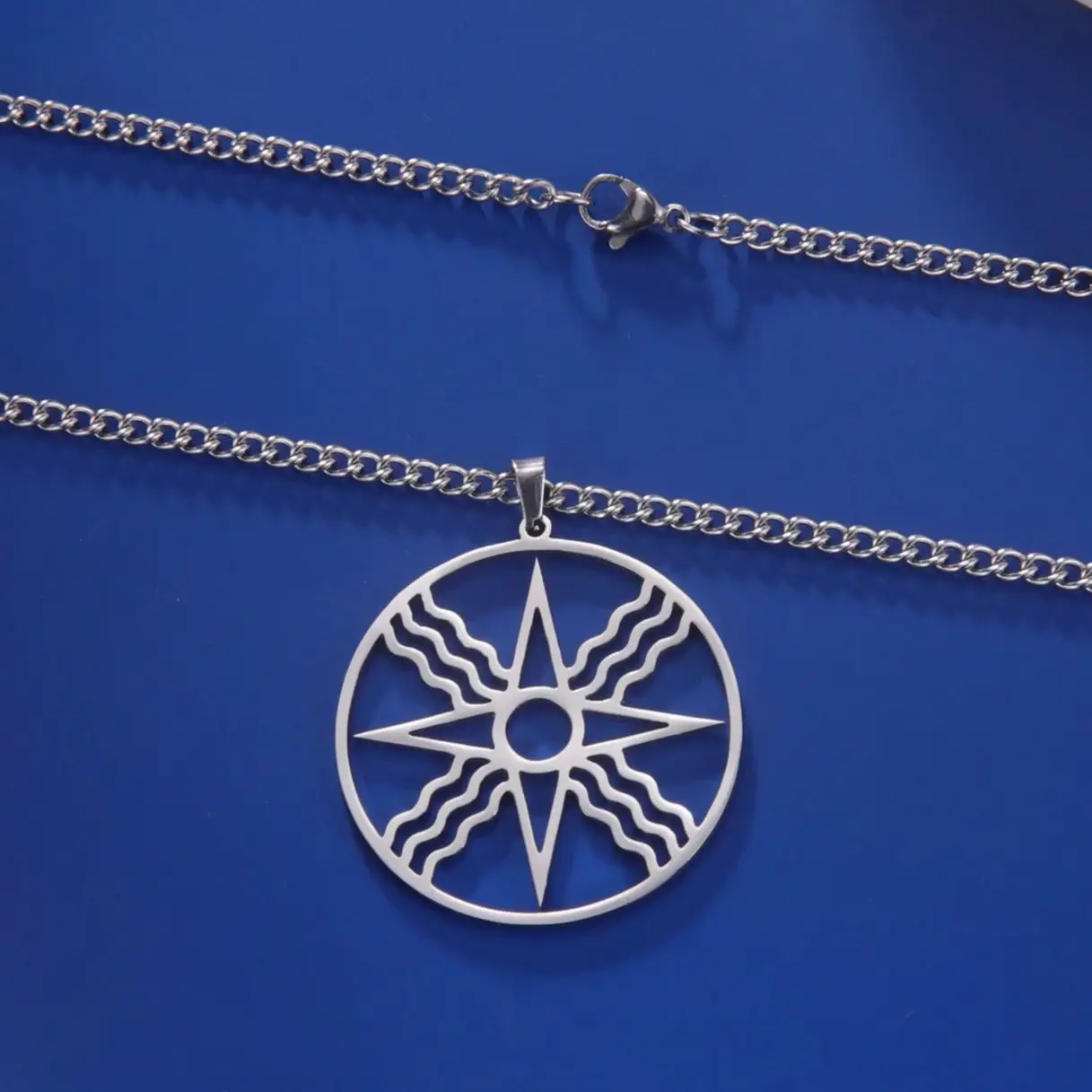 LIKGREAT Octagram Star of Ishtar Inanna Shamash Sun Pendant Necklaces for Men Women Stainless Steel Assyrian Star Jewelry Gifts