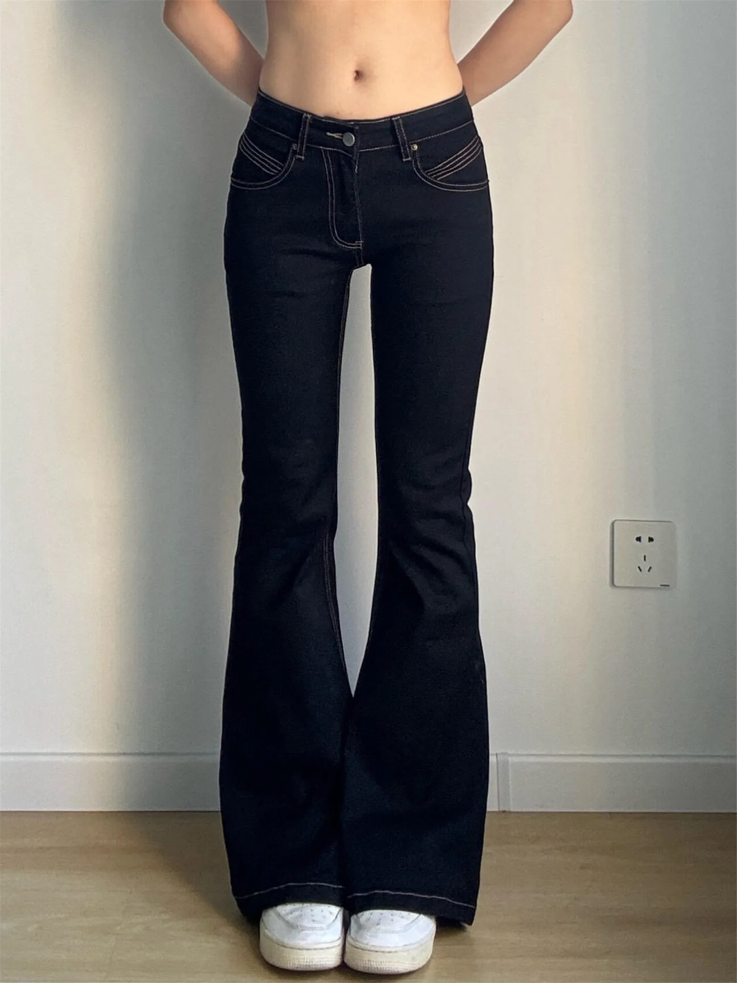 

Black Low-Waist Bell Bottom Jeans Women's Slimming Long Length Autumn Winter Fashion Casual Cotton Stretchy Bell Pants