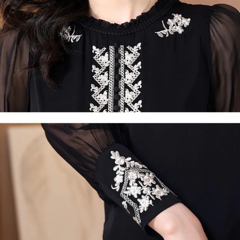 Spring Autumn Women\'s Solid Ruffled Neck Chiffon Button Lace Embroidered Lantern Long Sleeve T-shirt Casual Fashion Elegant Tops