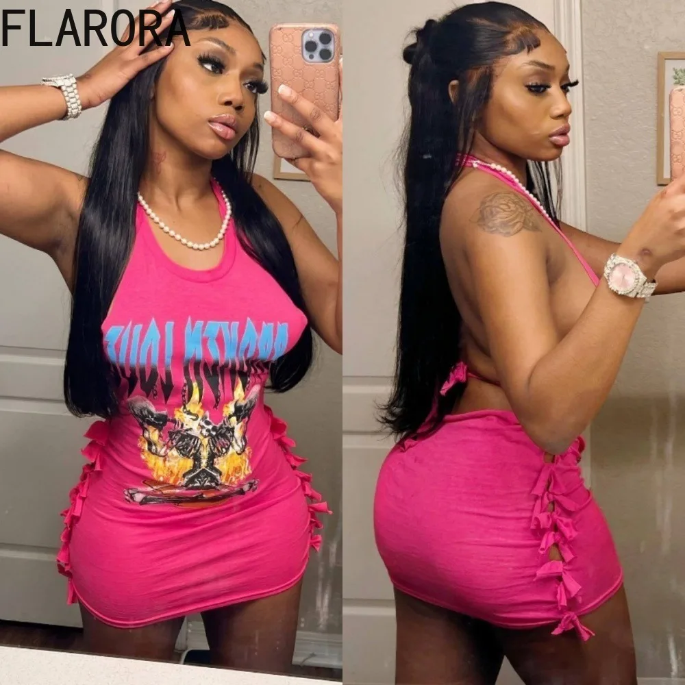 

FLARORA Pink Y2k Graphic Print Dress Sexy Bodycon Backless Bandage Mini Dresses Hiphop Streetwear Woman Vestidos 2024 Summer New