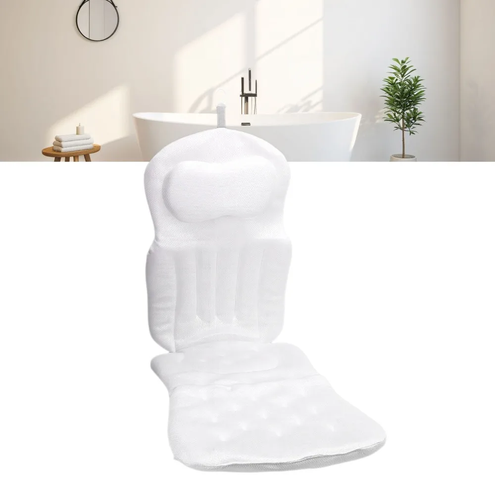 Polyester Full Body Bath Pillow with Suction Cups White Bathtub Cushion 4D High Elasticity Non-Slip Design Bathtub Pillow