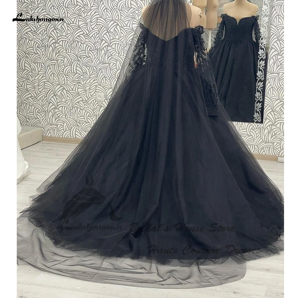 Lakshmigown Elegante schwarze Langarm-Hochzeitskleider mit Schnürung am Rücken 2024, Vestidos, Gothic-Strandbrautkleider, individuell gestaltet