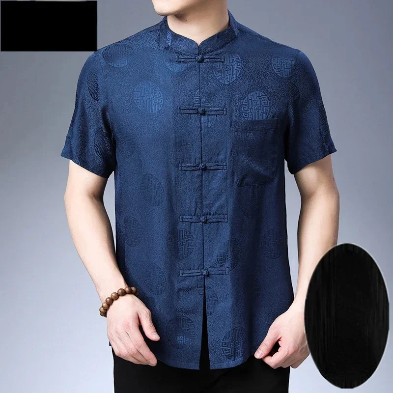 100% Mulberry Real Silk Shirts for Men Stand Collar 's Short Sleeve Stain Shirt Loose Casual Summer Clothing Camisetas