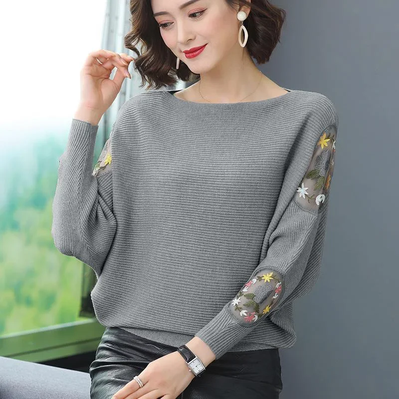 

Flower Embroidery Batwing Sleeve O-Neck Spring Sweaters Women Casual Loose Knitted Pullovers Large Size Knitwear Female F393