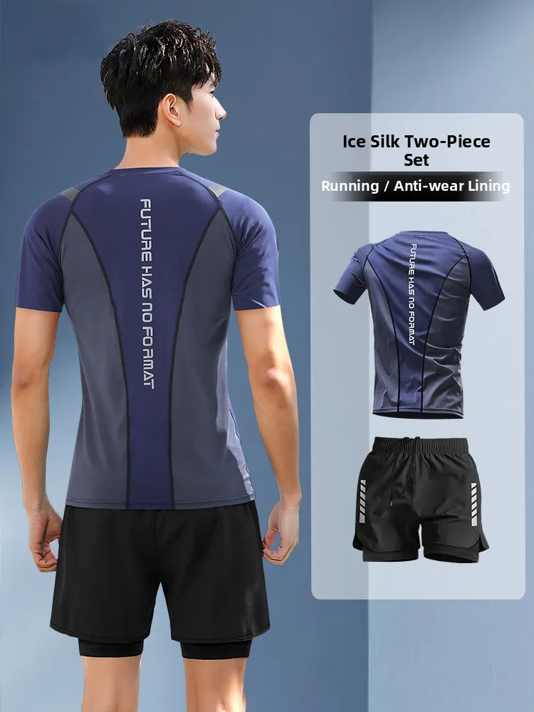 

Спортивный костюм из ледяного шелка для мужчин: летняя одежда для бега, марафона и фитнеса, быстросохнущие шорты, спортивное снаряжение, повседневная спортивная одежда.