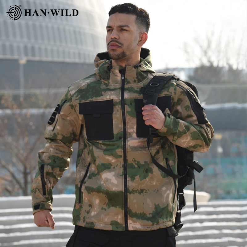 HAN WILD Softshell Jacekt Men Winter Hooded Jacket Waterproof Sharkskin Warmth US Tactical Coat Big Pockets Hiking Hunt Coat