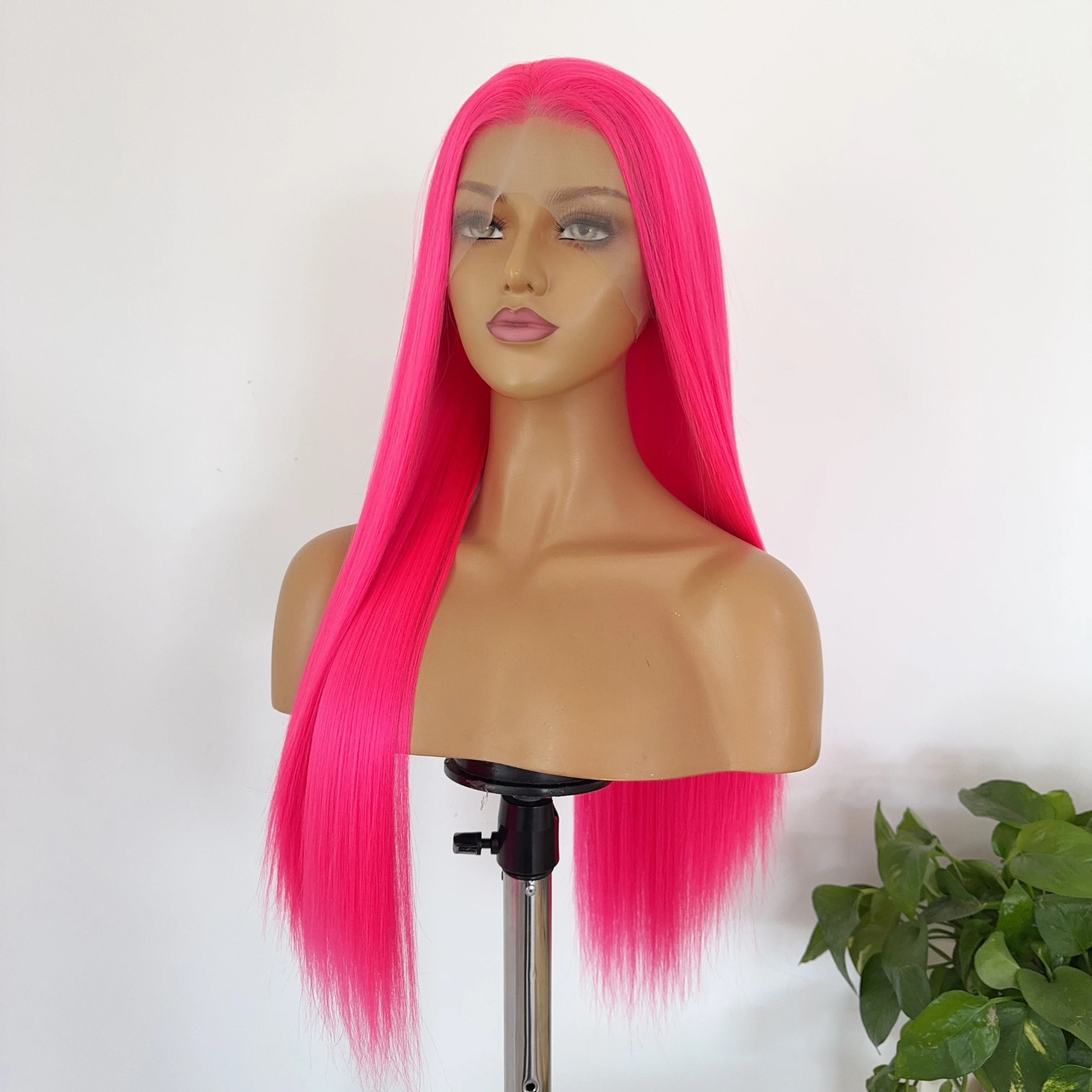 Perruque Lace Front Wig synthétique rose vif pour femmes, 26 pouces, HD, longue et lisse, 13x4, dentelle frontale naturelle, haute qualité, pour Cosplay