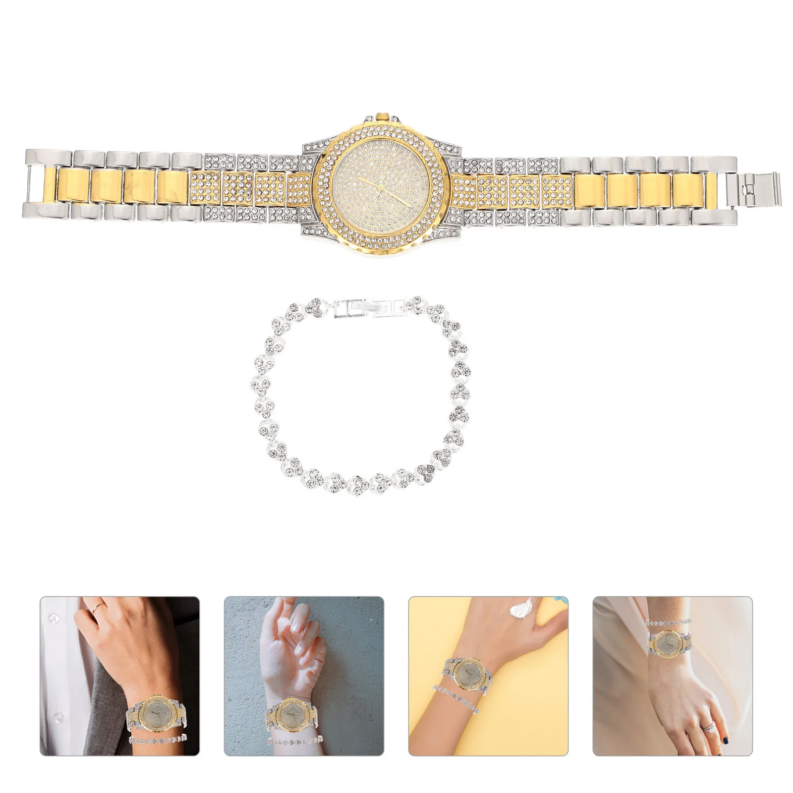 1Set Ladies Watch Bracelet Set Diamond Rhinestone Luxury Fashion Wristwatch for Women Formal Watch and Bracelet Set