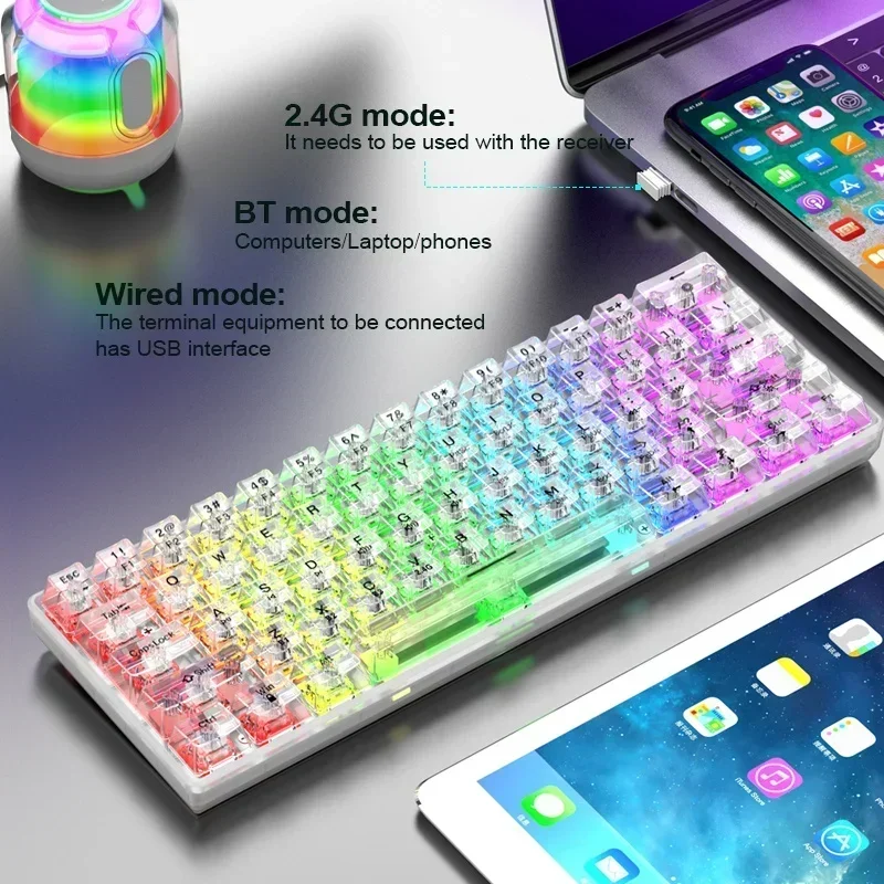 K30 Pro Bluetooth 2.4G Wireless Wired 3-mode Transparent Mechanical Keyboard White Axis Customized Hot-swappable RGB Backlight