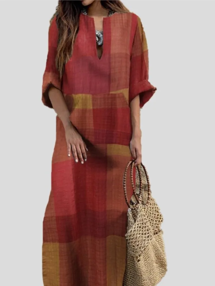 المرأة خمر القطن الكتان منقوشة طباعة قميص فستان طويل الخريف س الرقبة طويلة الأكمام عادية فضفاض عطلة فساتين الحفلات Vestidos #1