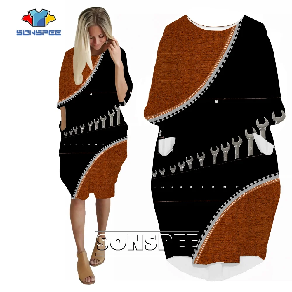 

SONSPEE Wrench Jaw Spanner Opener Harajuku Graphic 3D Print Dress Long Sleeve Customize Skirt Women Street Personality Robe