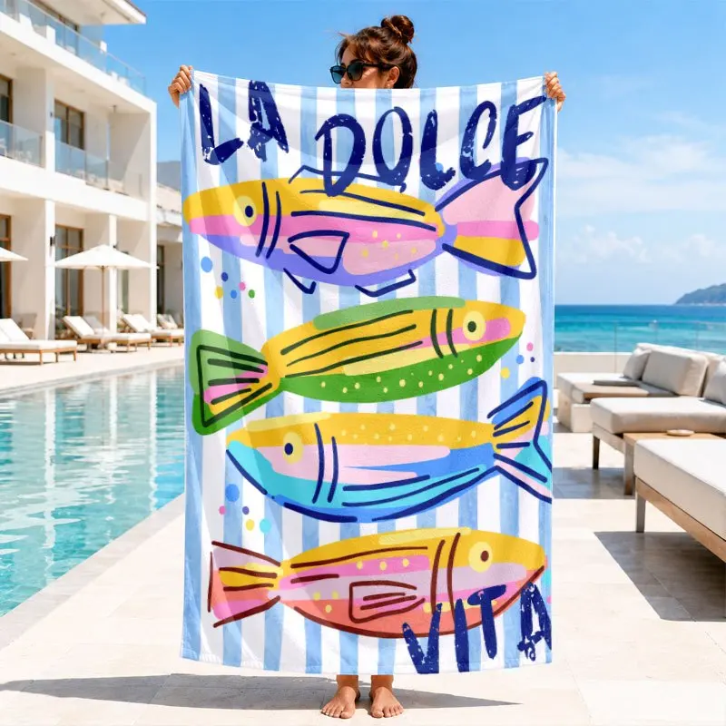 Light Blue Lemon Blossom La Dolce Vita Script Beach Towel Super Soft Lightweight Bath Towel For Italian Style Holiday Outdoor