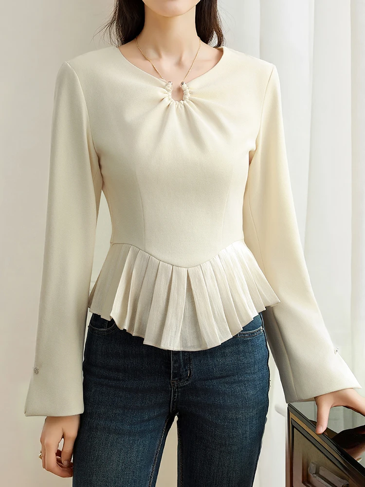 Stylish Office Ladies Apricot Shirts Long Sleeve Korean Fashion Women Tops Slim Waist Ruffles Shirts Solid Color Commute Shirts