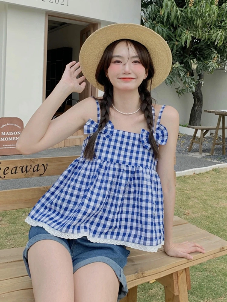 

Summer Kawaii Lolita Plaid Crop Top Women Vintage Bow Lace Halter Bandage Corset Tees Female Aesthetic Tanks Cut Out Sexy Camis