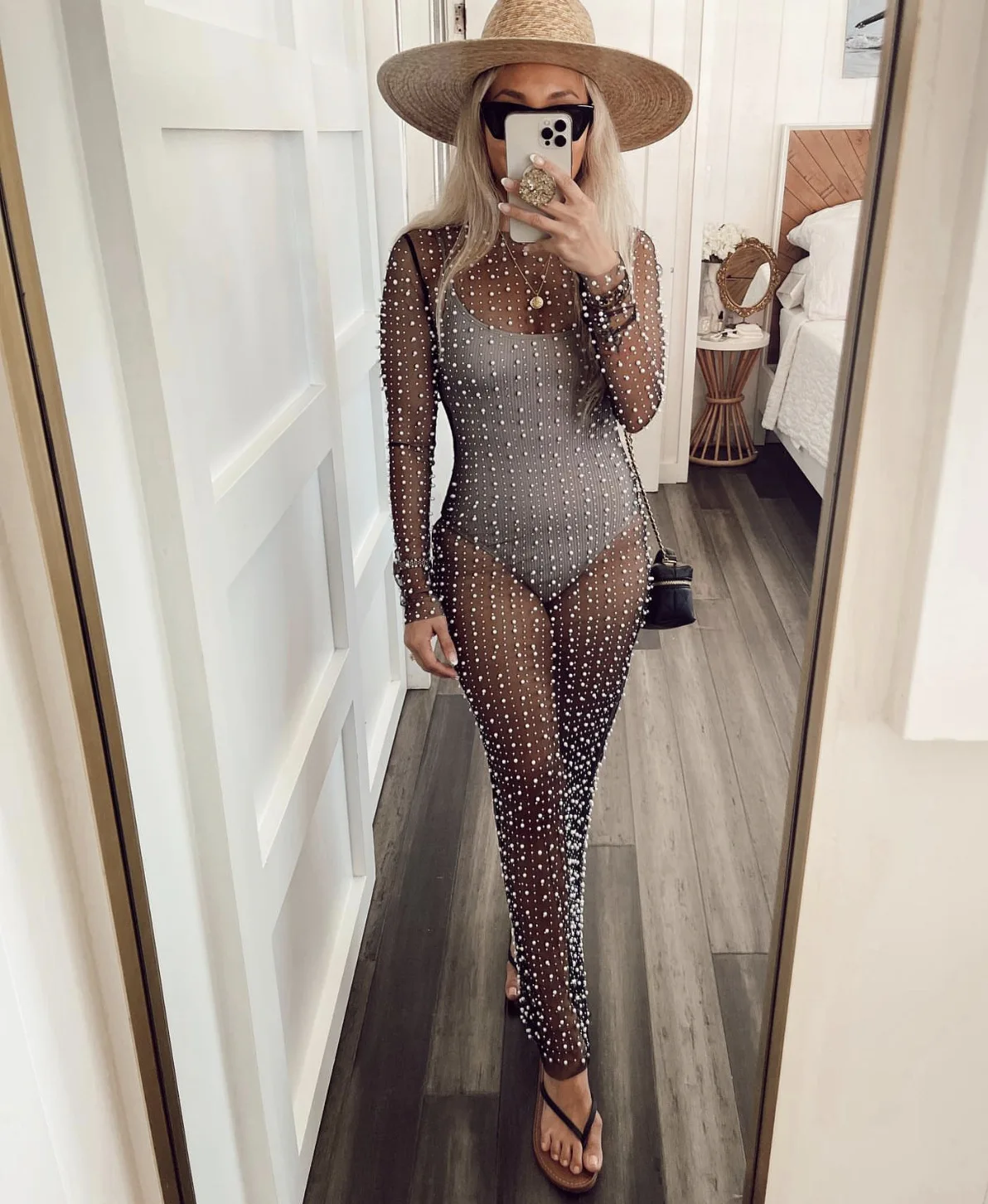 Women's Rhinestone Mesh Dress Diamond Pearl Cover Up Dress Sexy Sheer Coverups for Mesh See Bikini Bathing Suit Beachwear