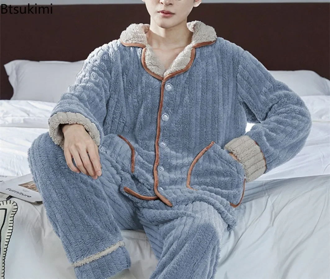 2024 Men\'s Winter Warm Pajama Sets Thickened Homewear for Men Coral Fleece Nightwear 2PCS Sets Warm Sleepwear Men\'s Home Clothes