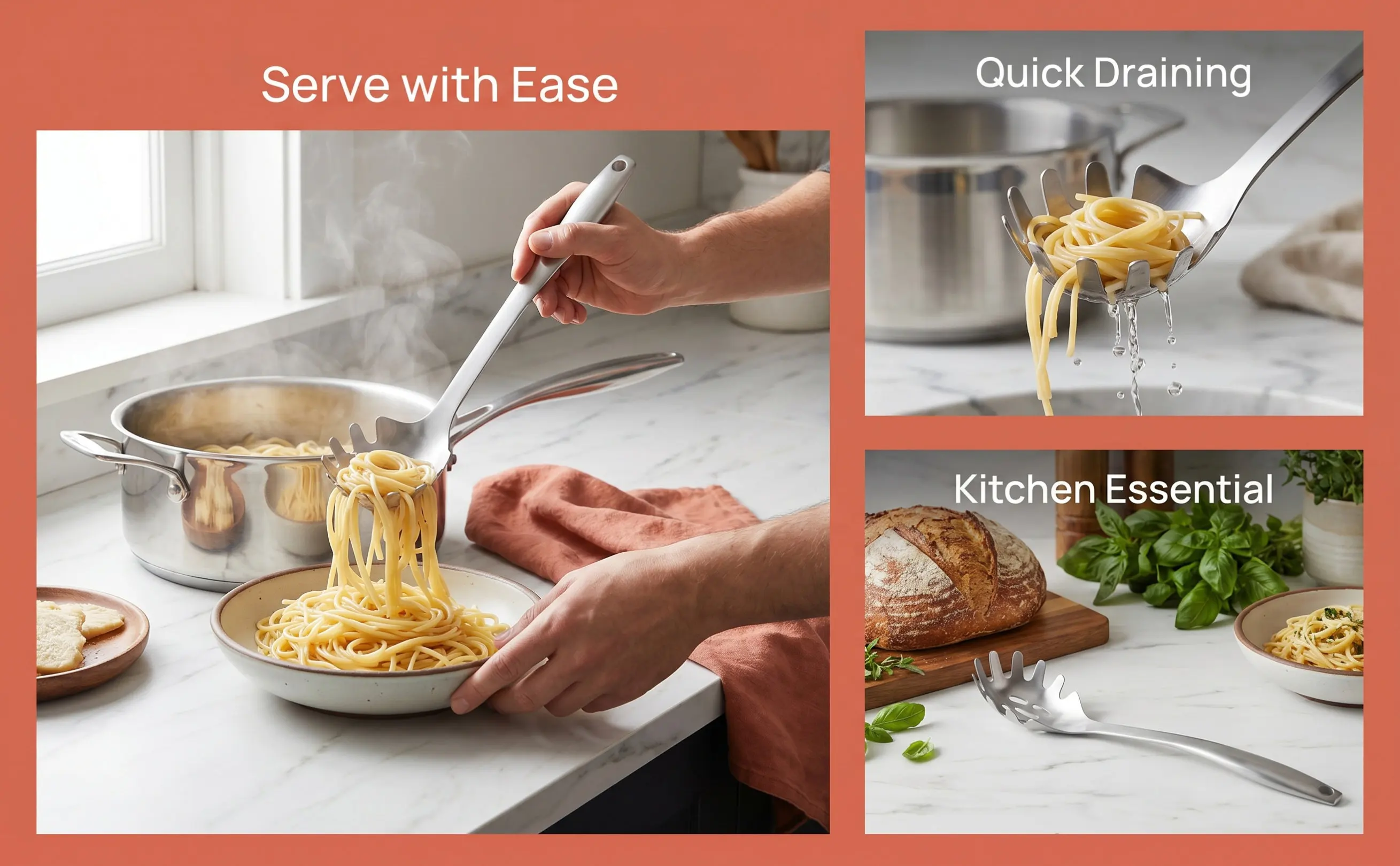 Stainless Steel Pasta Spoon Spaghetti Server Noodle Colander Kitchen Strainer for Noodles Filtering Soup Drainage Multi Purpose