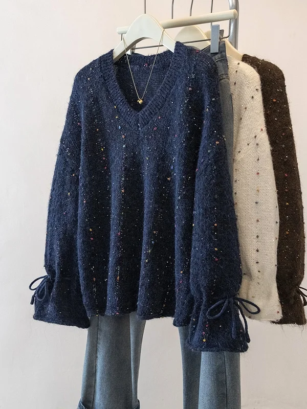 

Ladies plus Size V-Neck Glitter Knitwear Loose Fit Lazy Versatile Spring New Style Casual Comfortable Long Sleeve Sweater