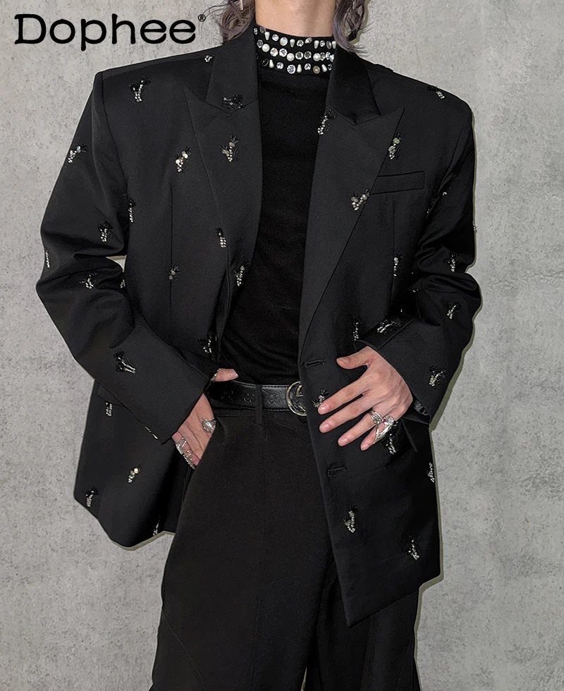 

2025 Spring Autumn Men's New Trendy Suit Jackets Handsome Sequin Small Tailored Coats Stylish Long Sleeve Solid Color Blazers