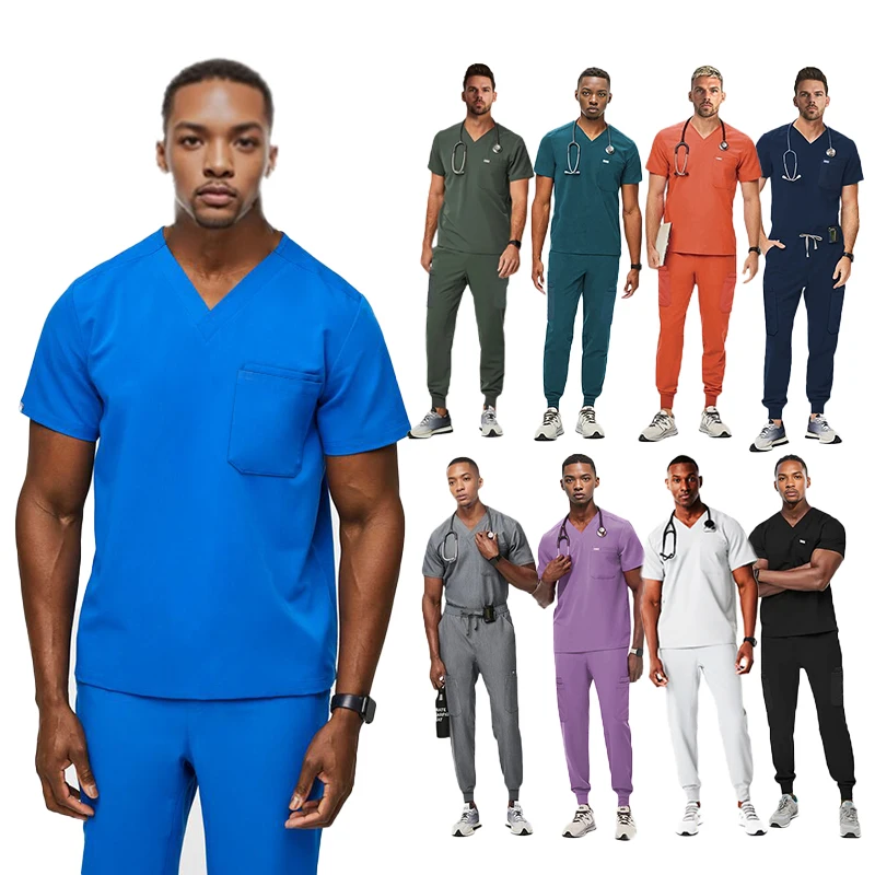 

Clinical Green Gray Blue White Sanitary Dentist Medical Nursing Veterinary Surgical Uniform Men Work Wear Jogger Man Scrubs Set