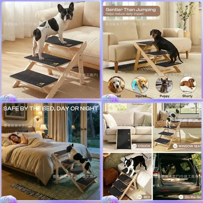 Foldable Wooden Pet Ramp for Senior Dogs Non Slip Portable Stairs Indoor Furniture Dog Bed Couch Step Assist Climbing Slope