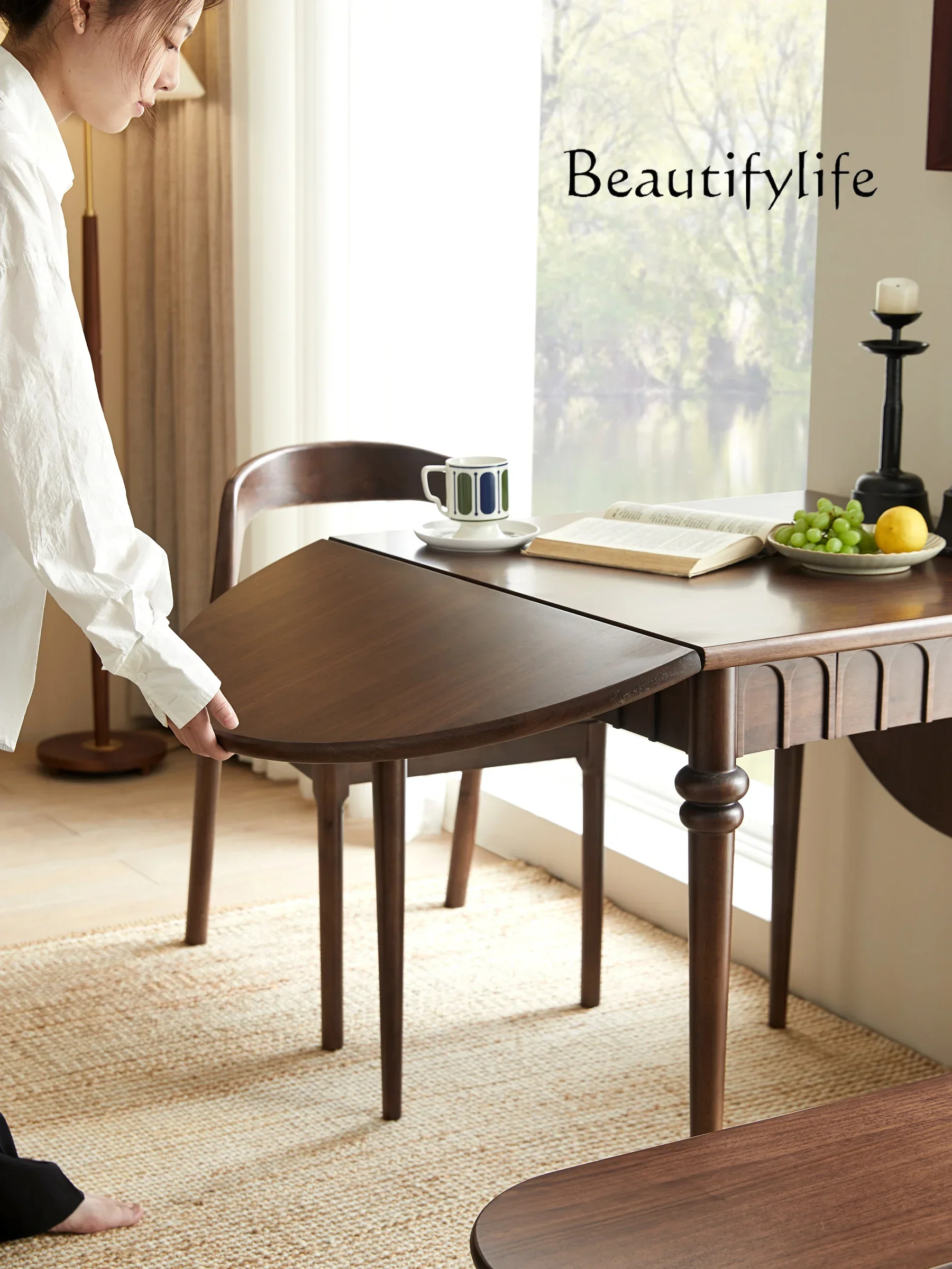 

Retro Nordic Solid Wood Oval Folding Dining Table Household Retractable Dining Tables and Chairs Set Variable round Table