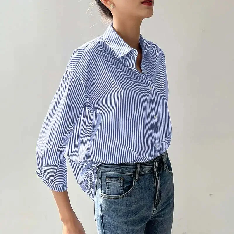 Women Spring Summer Blouses Shirts Lady Fashion Casual Long Sleeve Turn-down Blue Stripes Blusas Tops