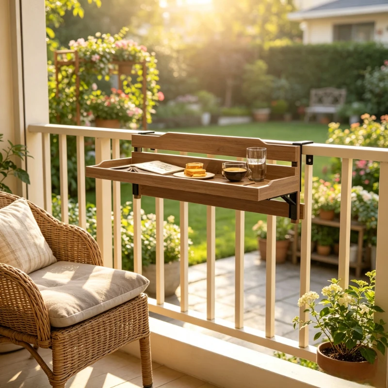 Foldable Balcony Bar Table, Hanging Railing Window Plant Shelf, Wooden Storage Rack for Patio Garden, Anti-Corrosion Outdoor