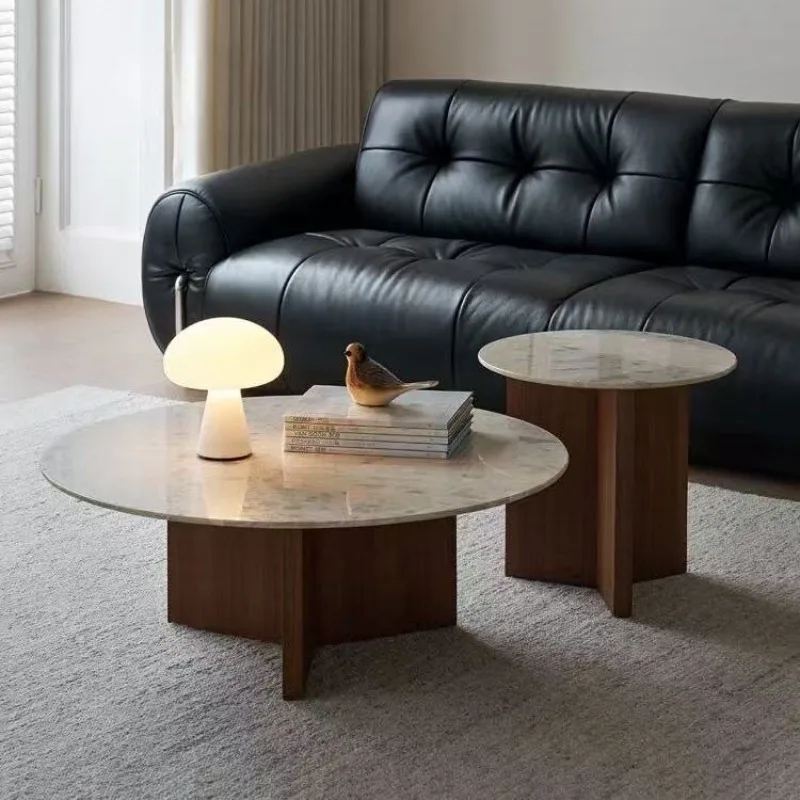 

Ash wood solid wood wabi sand wind terrazzo coffee table, round household coffee table combination