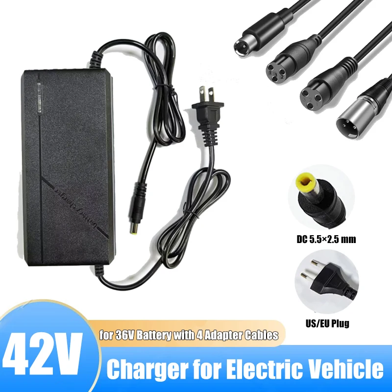 42V 2A Electric Vehicle Charger DC 5.5x2.5mm with XLR 3-Pin 8mm Xiaomi 12mm Aviation 3-Prong Adapter For 36V 10S Li-ion Battery
