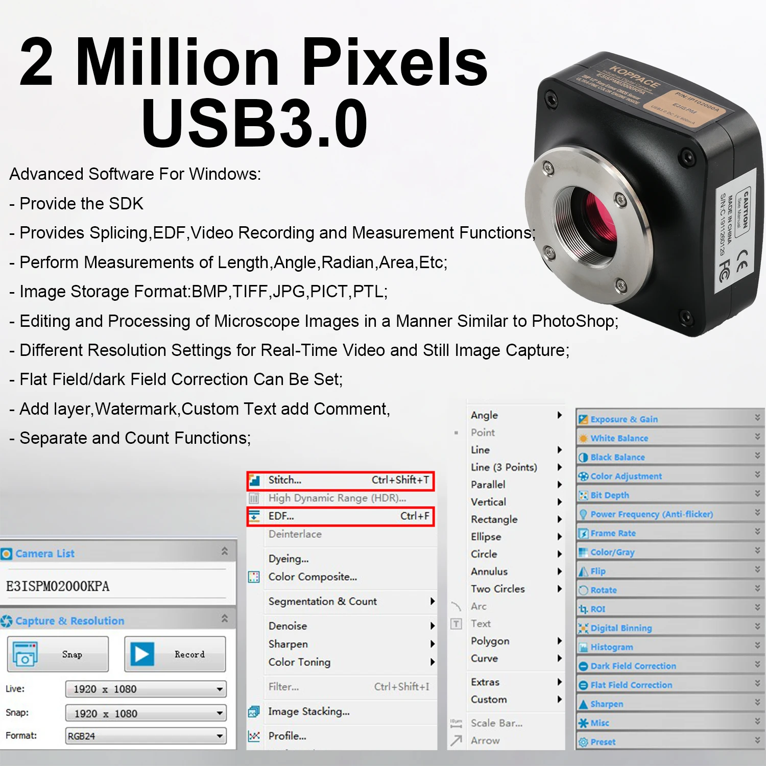 كاميرا KOPPACE 2 ميجابكسل صناعية USB3.0 توفر برنامج قياس الصورة يدعم الصورة والفيديو