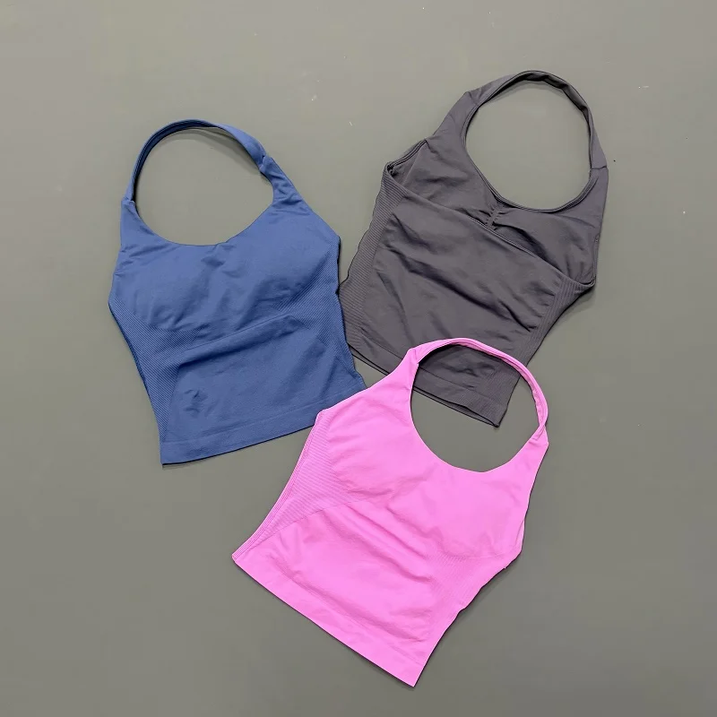 Women Halter Neck Sports Top Seamless Yoga Tank Top Built-in Padded High Elastic Slim Fit Gym Workout Fitness Running Activewear
