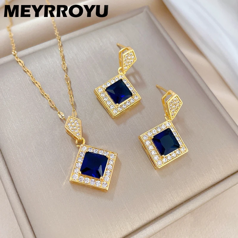 

MEYRROYU 316L Stainless Steel Jewelry Set Necklace Stud Earrings Blue Rhombus Zircon For Women New Arrival Gift Chic Accessories