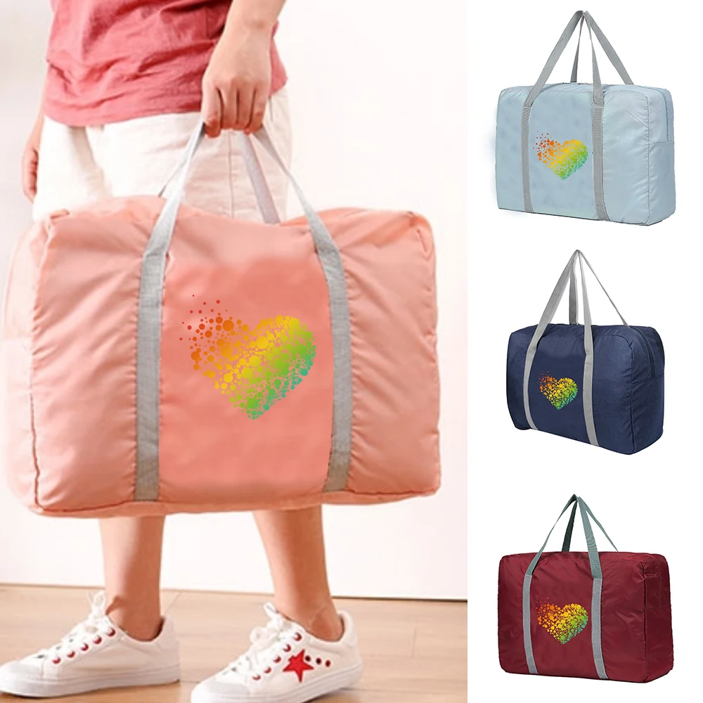 Bolsas de viaje plegables de gran capacidad para mujer, organizador de ropa Unisex, clasificación de equipaje, bolsos de mano con estampado de corazón de arcoíris