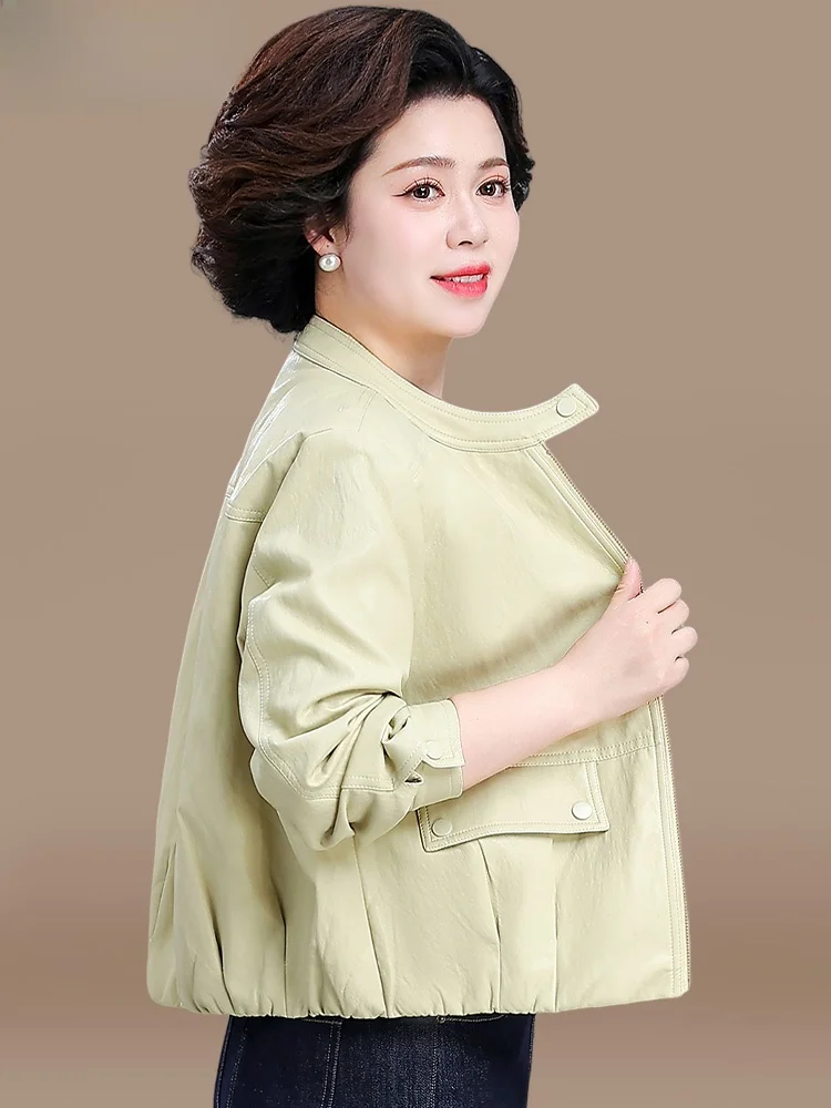 

Весенняя модная короткая кожаная куртка для женщин, пальто для мам среднего возраста, большие размеры, полиэстер, на молнии, стандартный крой