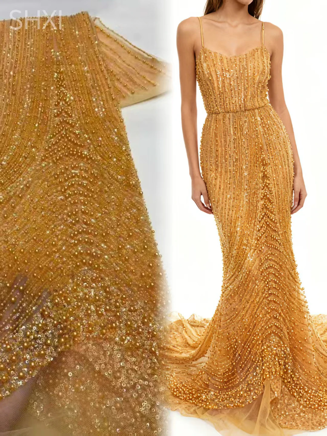 

Французская кружевная ткань Элегантная африканская вышивка с блестками и бисером Тюлевое кружево для вечерних платьев (5 ярдов, белый)