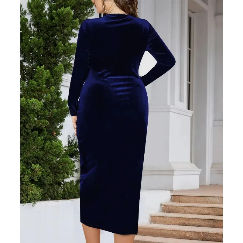 Elegant Velvet Bodycon Dress Women Sexy Wrapped V-neck Long Sleeve Ruched High Waist Midi Dress Party Cocktail Dresses Vestidos
