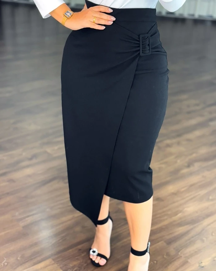 Women's Elegant Sexy Skirt 2024 Autumn Winter Latest Ruched Buckled Asymmetric Hem High Waist Skinny Daily Work Bodycon Skirt