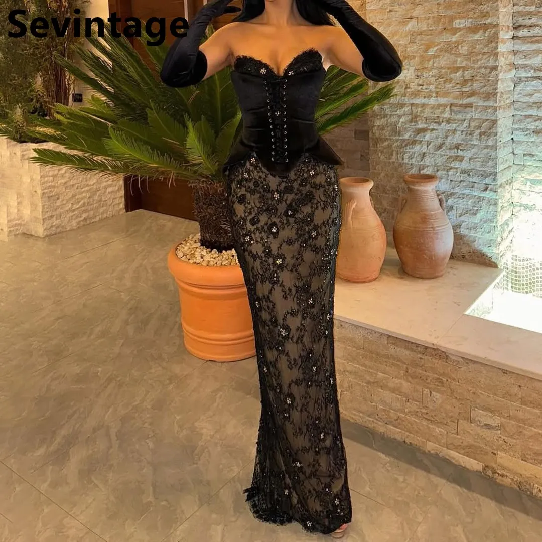 Black Velour Lace Beaded Mermaid Evening Dress With Gloves Corset Prom Gown Floor Length 2024 Customized