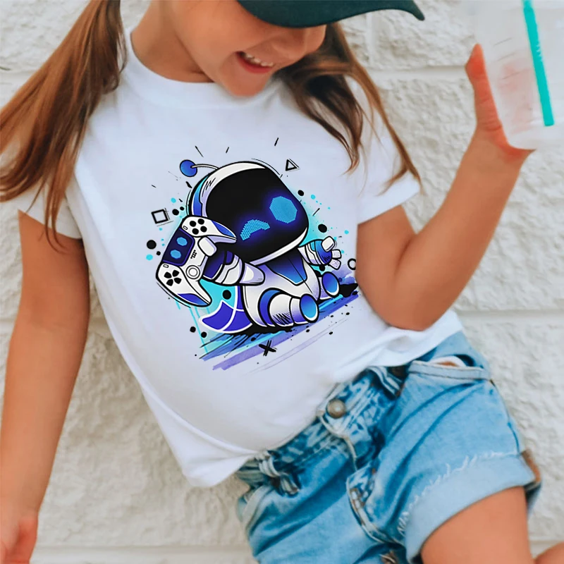 Astros Playroom Game Astro Bot T Shirts Kids Funny Cartoon Character Robot T-Shirts Crew Neck Short Sleeve Girls Boys Streetwear