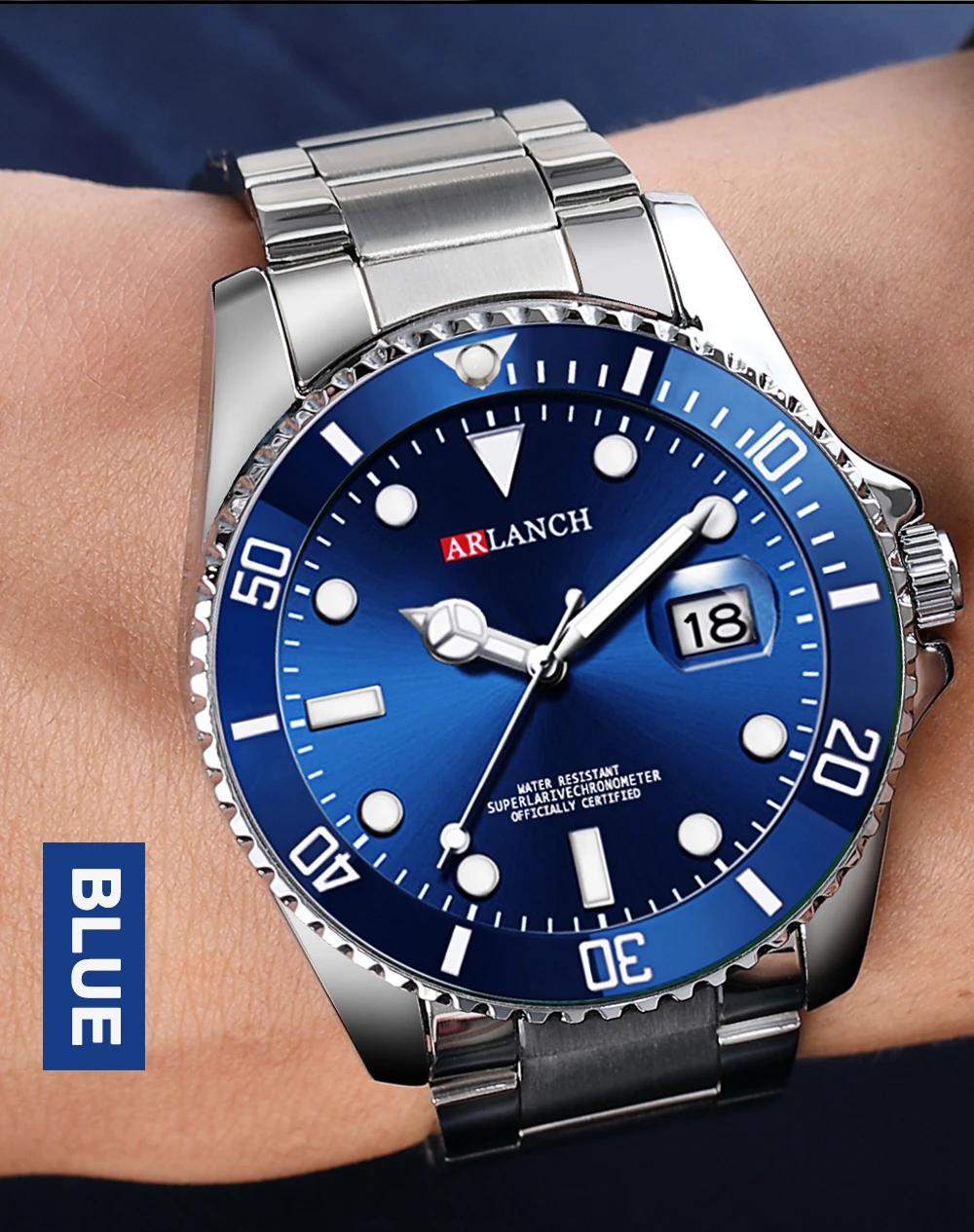 Business-Edelstahluhr 40mm Klassische Rot-Blaue Kreis-Taucheruhr mit Vergrößerungsglas und Kalender Quarzuhren montre homme – Detail 4
