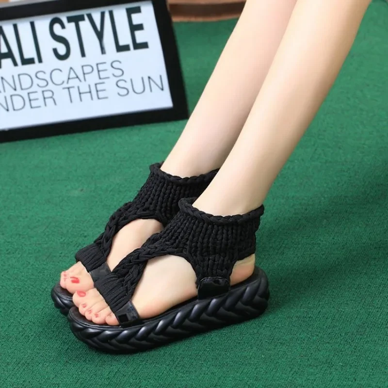 Sandals Women Summer 2024 Women Fashion Sexy Beach Wear Flat Shoes Solid Color Braided Knit  Cutout Platform Sandals