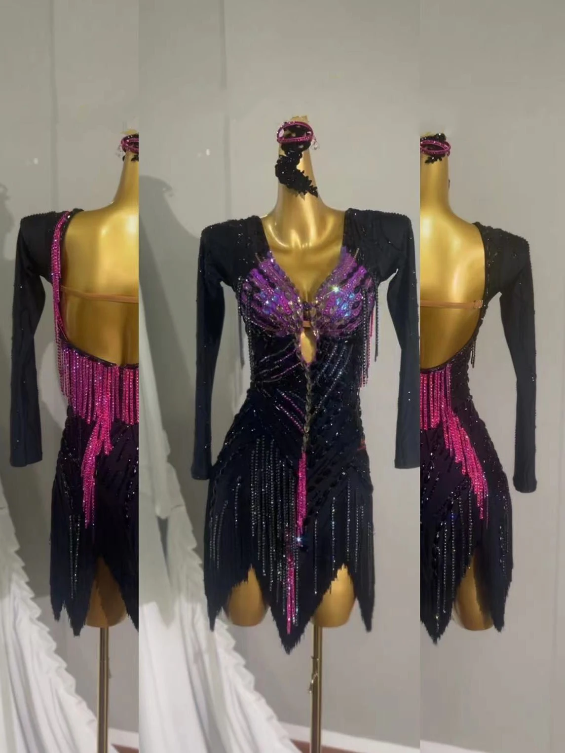 

Latin Dance AB Stone Female Adult Children High end Customized Black Purple Crystal Bead Tube Black Pool Samba Performance Dress